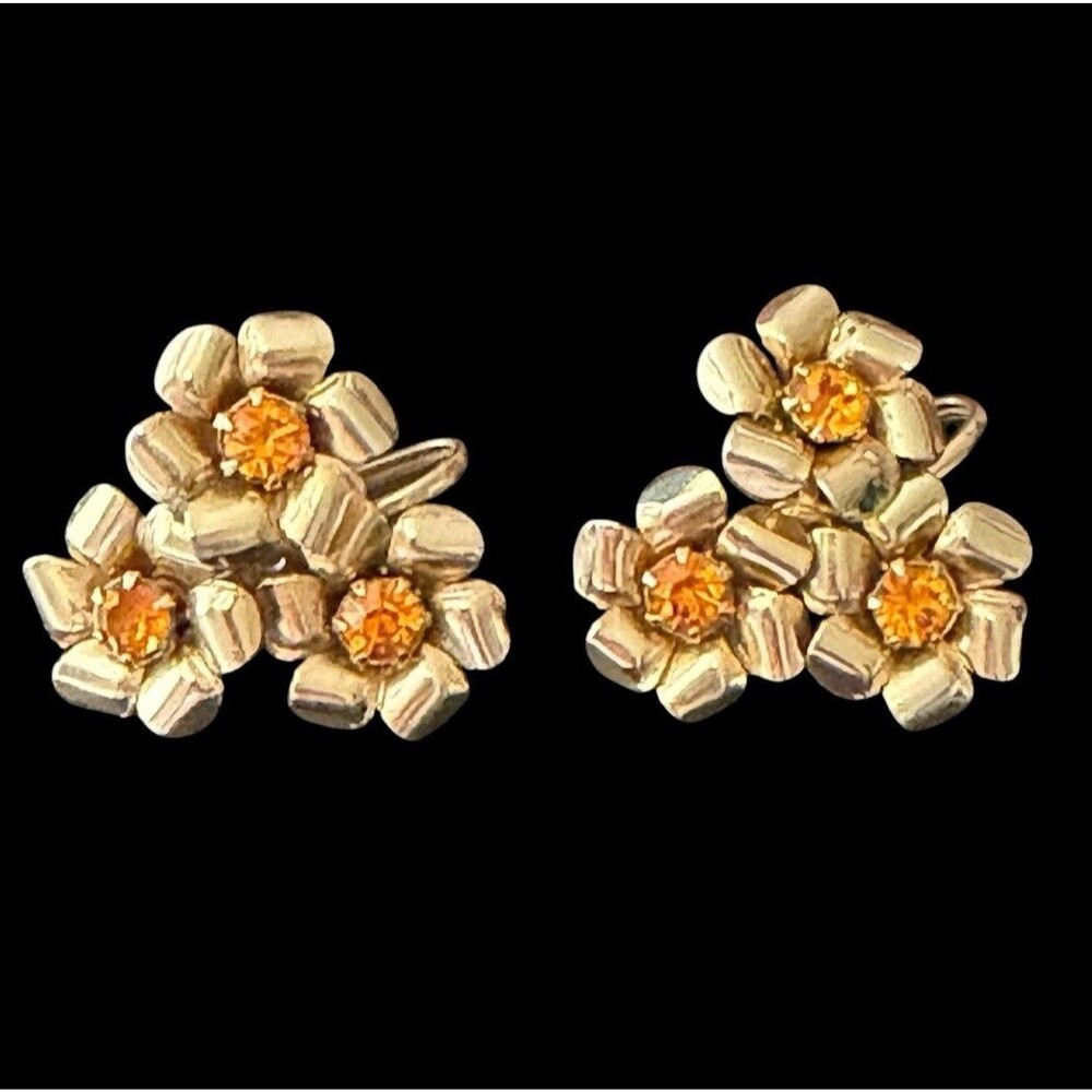 Vintage Coro Floral Cluster Gold Tone Earrings Amber Rhinestones 1" Screw Back
